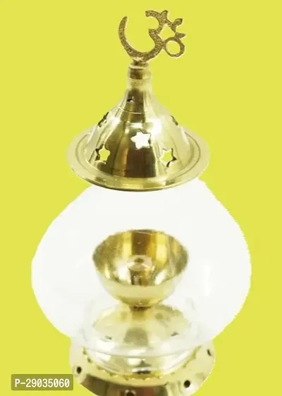 Akhand Diya With Curved  Glass Deepak  Glass Cover/Akhand Diya/Brass Diya for puja/Diwali Diya Brass Table Diya-thumb0