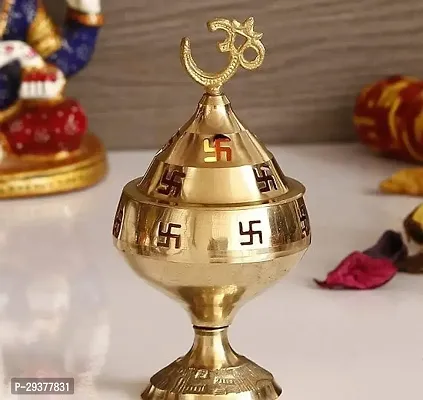 Wish Online Brass Akhand Deepak OM Swastik Designer Diya with Design Cap Top OM Design Brass Table Diya-thumb0