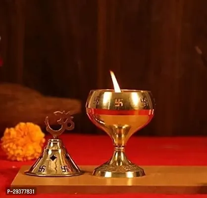 Wish Online Brass Akhand Deepak OM Swastik Designer Diya with Design Cap Top OM Design Brass Table Diya-thumb2