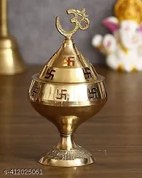 Wish Online Brass Akhand Deepak OM Swastik Designer Diya with Design Cap Top OM Design Brass Table Diya-thumb2