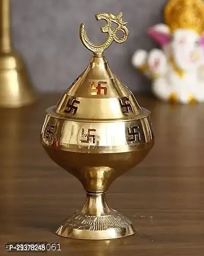 Wish Online Brass Akhand Deepak OM Swastik Designer Diya with Design Cap Top OM Design Brass Table Diya-thumb3