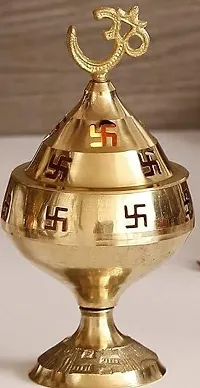 Wish Online Pure Brass Golden Om Swastik Akhand Diya Oil Lamp- 6 X 6 X 13 Cm-thumb1