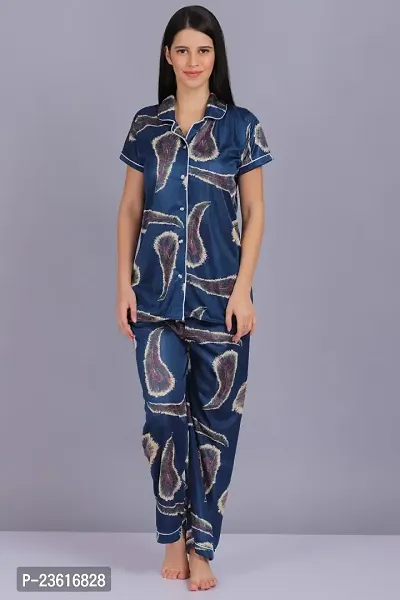 Women's Satin Blend Solid Nightwear Set Nightdress Peacock Feather More Pankh Printed Night Suit | Night Dress Set For Women