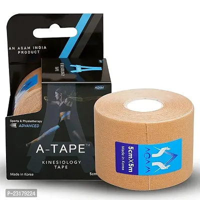 Agam A-Tape Waterproof Kinesiology Spandex Cotton Tape (5 M X 5 Cm) Latex Free Breathable Athletic Sports Tape For Injury, Muscle Support, Pain Relief, Joint Support And Physiotherapy, Beige-thumb0