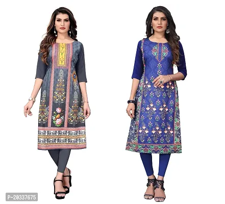 PREMVATI FASHION Women's Crepe Digital Print Straight Kurta(Pack of 2) (S, GreyDODGEBLUE)