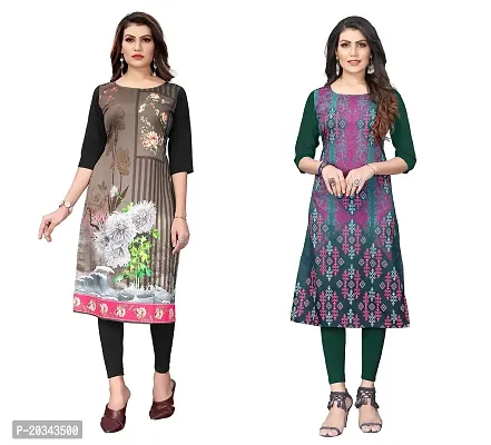 PREMVATI FASHION Women's Crepe Digital Print Straight Kurta(Pack of 2) (S, WHITEBLACKOliveGreen)-thumb0