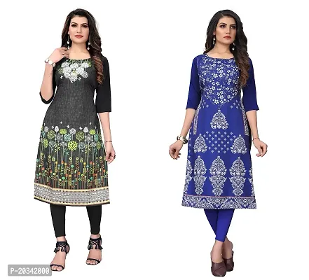 PREMVATI FASHION Women's Crepe Digital Print Straight Kurta(Pack of 2) (L, DARKBLACKBLUEVIOLOT)-thumb0