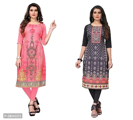 PREMVATI FASHION Women's Crepe Digital Print Straight Kurta(Pack of 2) (S, CORALPINKREDBLACK)