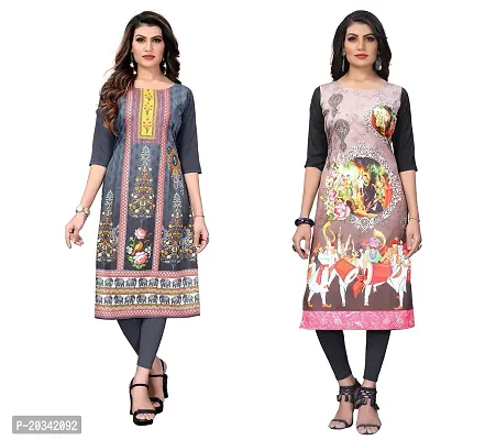 PREMVATI FASHION Women's Crepe Digital Print Straight Kurta(Pack of 2) (M, GreyCream)-thumb0