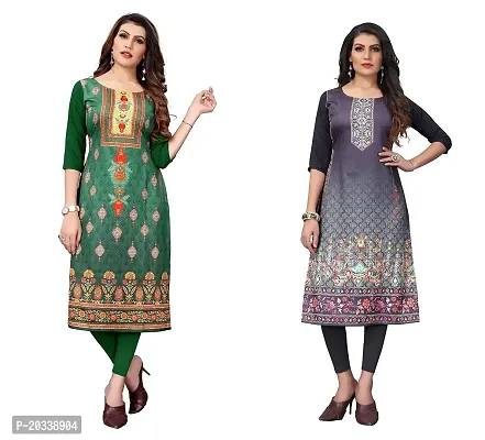 PREMVATI FASHION Women's Crepe Digital Print Straight Kurta(Pack of 2) (XL, GreenSILVERBLACK)