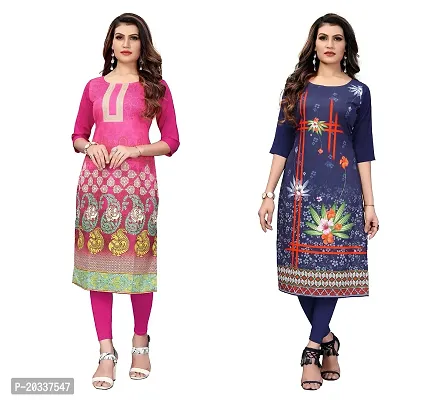 PREMVATI FASHION Women's Crepe Digital Print Straight Kurta(Pack of 2) (S, PinkDARKBLUE)-thumb0