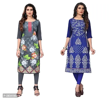 PREMVATI FASHION Women's Crepe Digital Print Straight Kurta(Pack of 2) (XL, LIGHTGREYBLUEVIOLOT)-thumb0