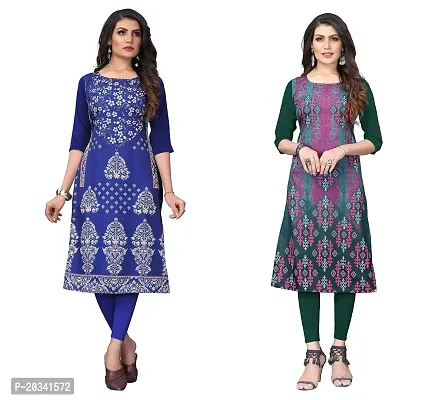 PREMVATI FASHION Women's Crepe Digital Print Straight Kurta(Pack of 2) (M, BLUEVIOLOTOliveGreen)