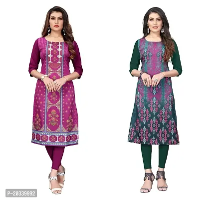 PREMVATI FASHION Women's Crepe Digital Print Straight Kurta(Pack of 2) (M, DARKPURPELOliveGreen)