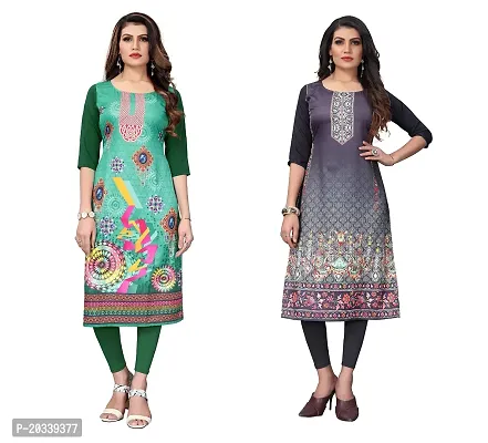 PREMVATI FASHION Women's Crepe Digital Print Straight Kurta(Pack of 2) (S, DarkGreenSILVERBLACK)