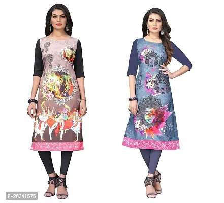 PREMVATI FASHION Women's Crepe Digital Print Straight Kurta(Pack of 2) (M, CreamSLATEGREY)-thumb0