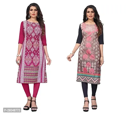 PREMVATI FASHION Women's Crepe Digital Print Straight Kurta(Pack of 2) (S, DEEPPINKLIGHTSALMON)-thumb0