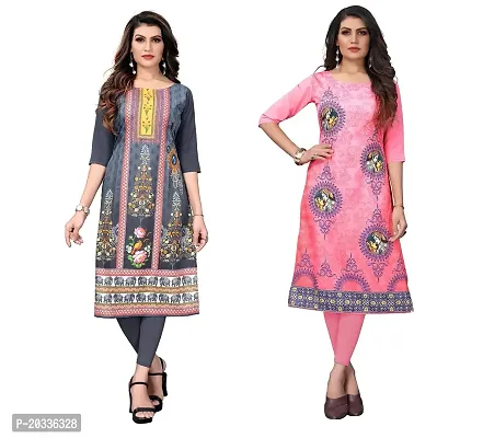 PREMVATI FASHION Women's Crepe Digital Print Straight Kurta(Pack of 2) (L, GreyTOMATOPINK)-thumb0