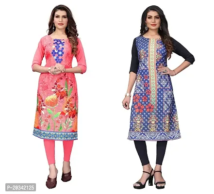 PREMVATI FASHION Women's Crepe Digital Print Straight Kurta(Pack of 2) (S, PeachSTEEBLUE)-thumb0