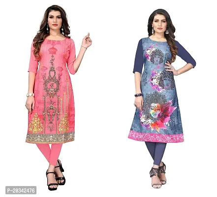 PREMVATI FASHION Women's Crepe Digital Print Straight Kurta(Pack of 2) (S, CORALPINKSLATEGREY)-thumb0