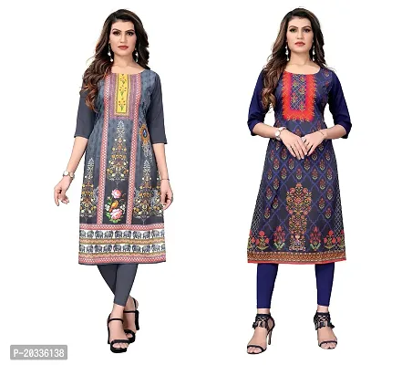 PREMVATI FASHION Women's Crepe Digital Print Straight Kurta(Pack of 2) (S, GreyINDIGOBLUE)-thumb0