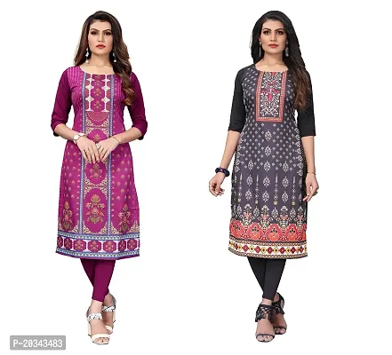 PREMVATI FASHION Women's Crepe Digital Print Straight Kurta(Pack of 2) (XL, DARKPURPELREDBLACK)