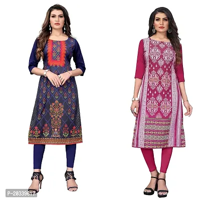 PREMVATI FASHION Women's Crepe Digital Print Straight Kurta(Pack of 2) (L, DARKBLUEDEEPPINK)-thumb0