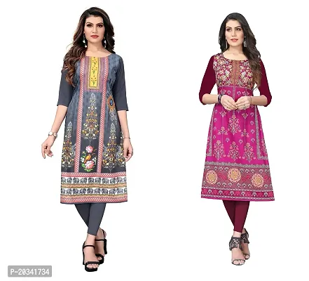 PREMVATI FASHION Women's Crepe Digital Print Straight Kurta(Pack of 2) (L, GreyMediumRed)