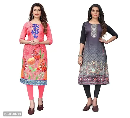 PREMVATI FASHION Women's Crepe Digital Print Straight Kurta(Pack of 2) (XL, PeachSILVERBLACK)