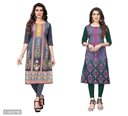 PREMVATI FASHION Women's Crepe Digital Print Straight Kurta(Pack of 2) (S, GreyOliveGreen)-thumb0