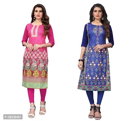 PREMVATI FASHION Women's Crepe Digital Print Straight Kurta(Pack of 2) (XXL, PinkDODGEBLUE)-thumb0