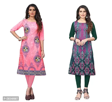 PREMVATI FASHION Women's Crepe Digital Print Straight Kurta(Pack of 2) (L, TOMATOPINKOliveGreen)-thumb0