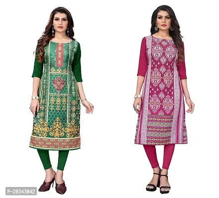 PREMVATI FASHION Women's Crepe Digital Print Straight Kurta(Pack of 2) (S, ForestGreenDEEPPINK)-thumb0