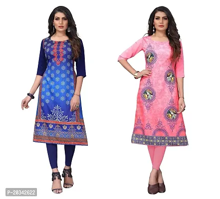 PREMVATI FASHION Women's Crepe Digital Print Straight Kurta(Pack of 2) (XL, NAVYBLUETOMATOPINK)-thumb0