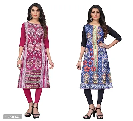 PREMVATI FASHION Women's Crepe Digital Print Straight Kurta(Pack of 2) (S, DEEPPINKSTEEBLUE)-thumb0