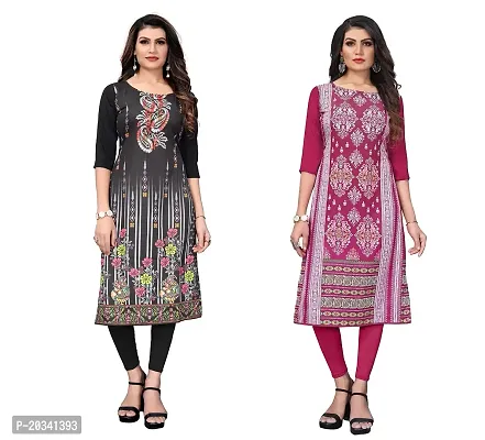 PREMVATI FASHION Women's Crepe Digital Print Straight Kurta(Combo of 2) (XXL, Black  DEEP Pink)