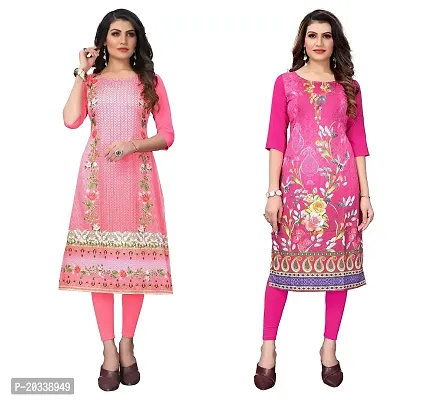 PREMVATI FASHION Women's Crepe Digital Print Straight Kurta(Pack of 2) (S, Peach  HOT Pink)