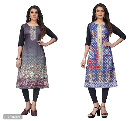 PREMVATI FASHION Women's Crepe Digital Print Straight Kurta(Pack of 2) (M, SILVERBLACKSTEEBLUE)-thumb0