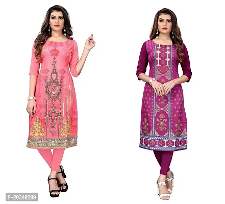 PREMVATI FASHION Women's Crepe Digital Print Straight Kurta(Pack of 2) (S, CORALPINKDARKPURPEL)