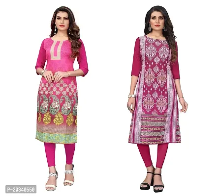 PREMVATI FASHION Women's Crepe Digital Print Straight Kurta(Pack of 2) (S, PinkDEEPPINK)