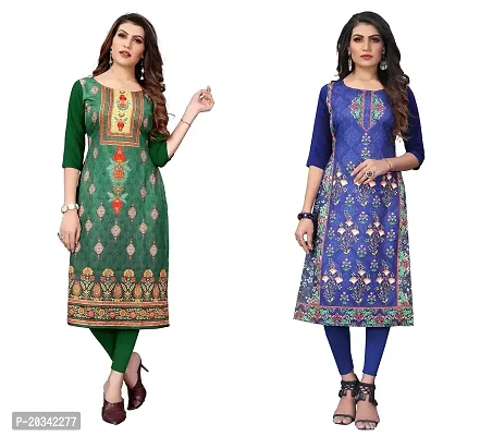 PREMVATI FASHION Women's Crepe Digital Print Straight Kurta(Pack of 2) (S, GreenDODGEBLUE)