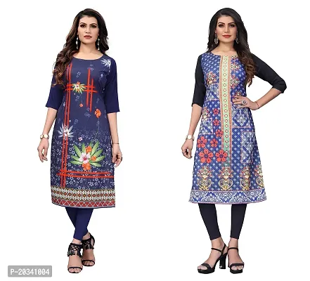 PREMVATI FASHION Women's Crepe Digital Print Straight Kurta(Pack 2) (S, DARKBLUESTEEBLUE)