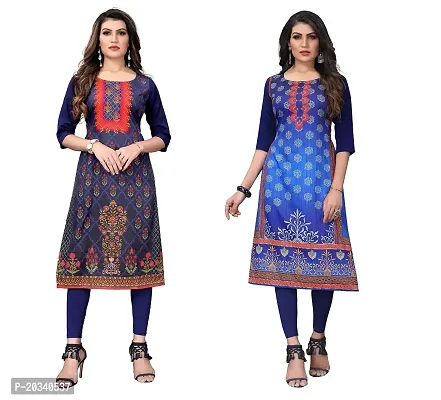 PREMVATI FASHION Women's Crepe Digital Print Straight Kurta(Pack of 2) (L, DARKBLUENAVYBLUE)-thumb0