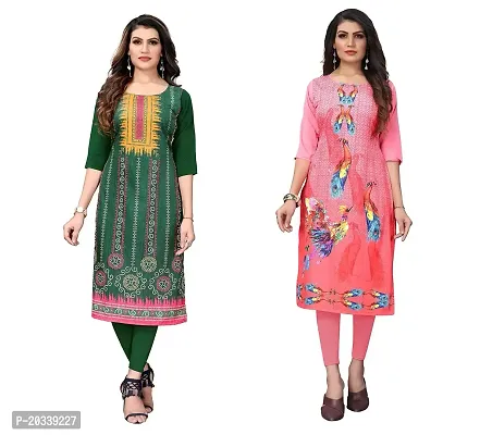 PREMVATI FASHION Women's Crepe Digital Print Straight Kurta(Pack of 2) (M, LightGreenRosepink)