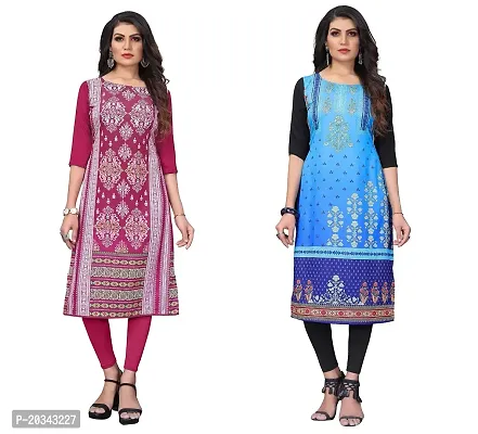 PREMVATI FASHION Women's Crepe Digital Print Straight Kurta(Pack of 2) (XL, DEEPPINKBabyblue)-thumb0