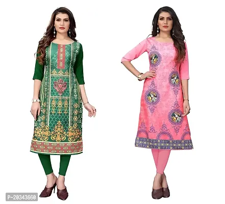 PREMVATI FASHION Women's Crepe Digital Print Straight Kurta(Pack of 2) (S, ForestGreenTOMATOPINK)-thumb0