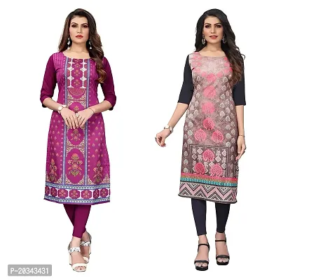 PREMVATI FASHION Women's Crepe Digital Print Straight Kurta(Pack of 2) (M, DARKPURPELLIGHTSALMON)-thumb0