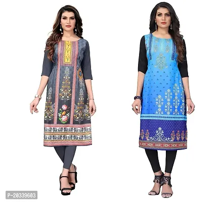 PREMVATI FASHION Women's Crepe Digital Print Straight Kurta(Pack of 2) (L, GreyBabyblue)-thumb0