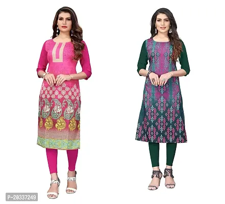 PREMVATI FASHION Women's Crepe Digital Print Straight Kurta(Pack of 2) (XL, PinkOliveGreen)