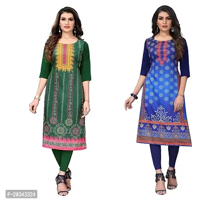 PREMVATI FASHION Women's Crepe Digital Print Straight Kurta(Pack of 2) (S, LightGreenNAVYBLUE)-thumb0